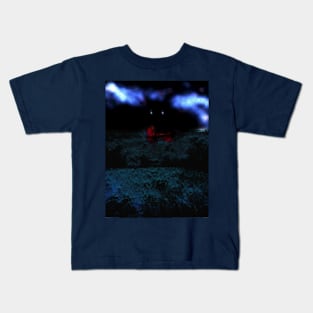 Digital collage and special processing. I am standing in field, and big, dark monster looking on me. Aquamarine, blue and red. Kids T-Shirt